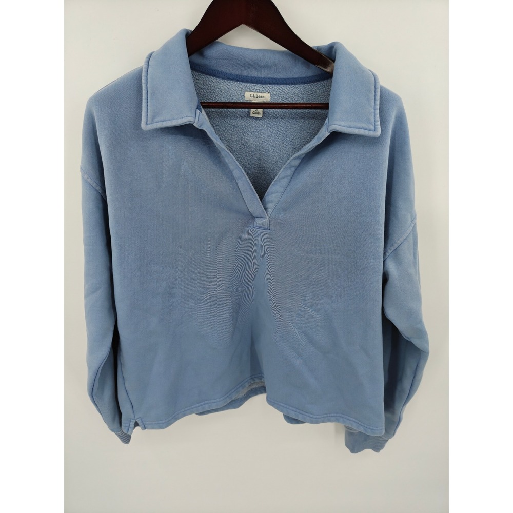 LL Bean Womens Light Blue Collared V-Neck Fleece Sweatshirt 525669 Size L PET